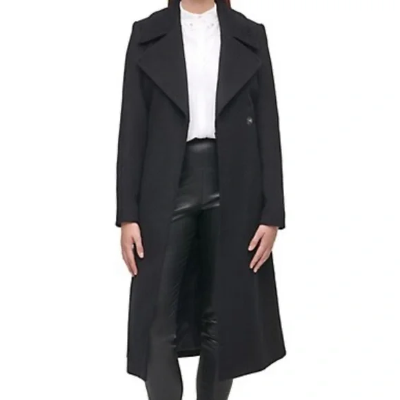 London Fog Black Belted Wool Wrap Coat Size Large. - Picture 2 of 16